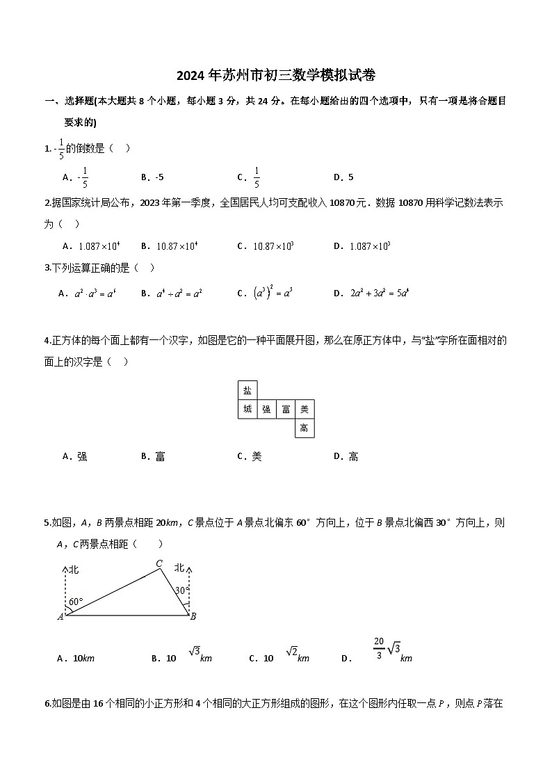 2024年江苏省苏州市工业园区重点中学中考数学模拟测试卷（无答案）第1页