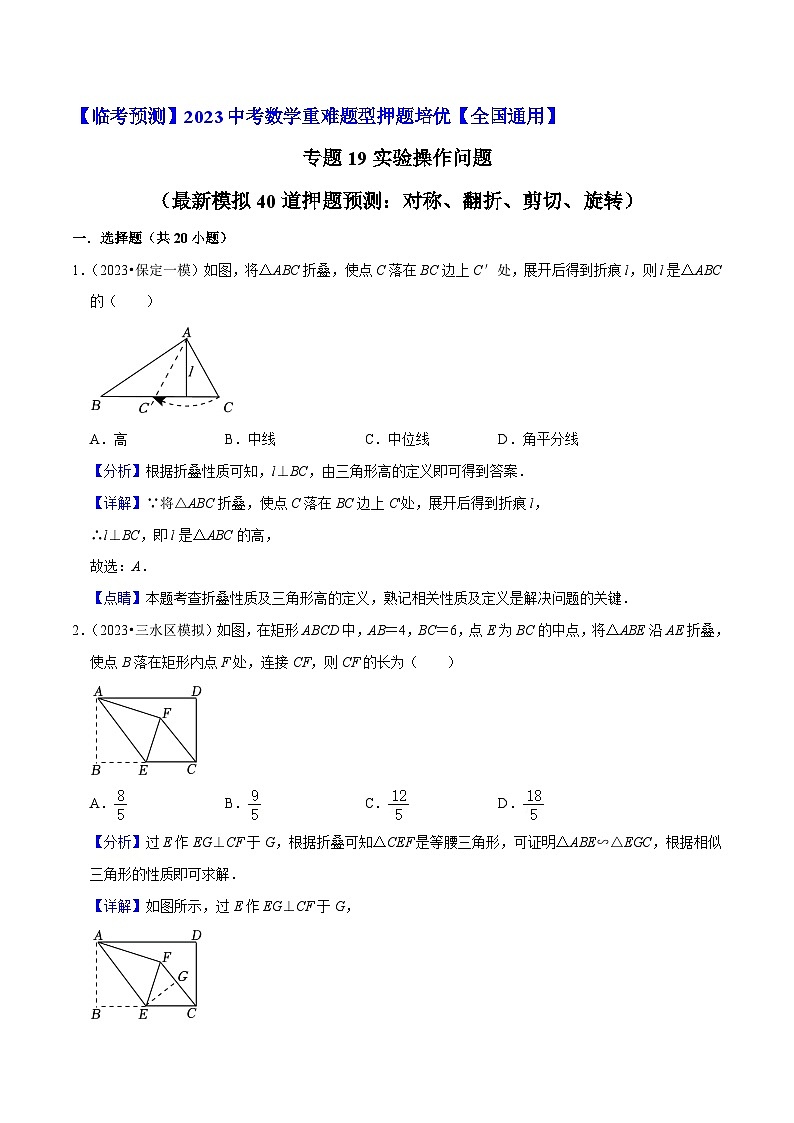 专题19实验操作问题（最新模拟40道押题预测：对称、翻折、剪切、旋转）-【临考预测】2023中考数学重难题型押题培优【全国通用】01