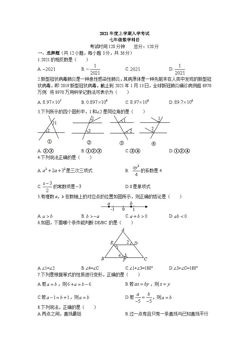 湖南省长沙市雅礼实验中学2020-2021学年七年级下学期入学考试数学试卷（word版，无答案）01