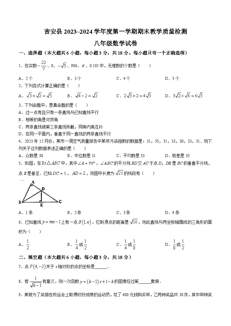 江西省吉安市吉安县2023-2024学年八年级上学期期末数学试题01