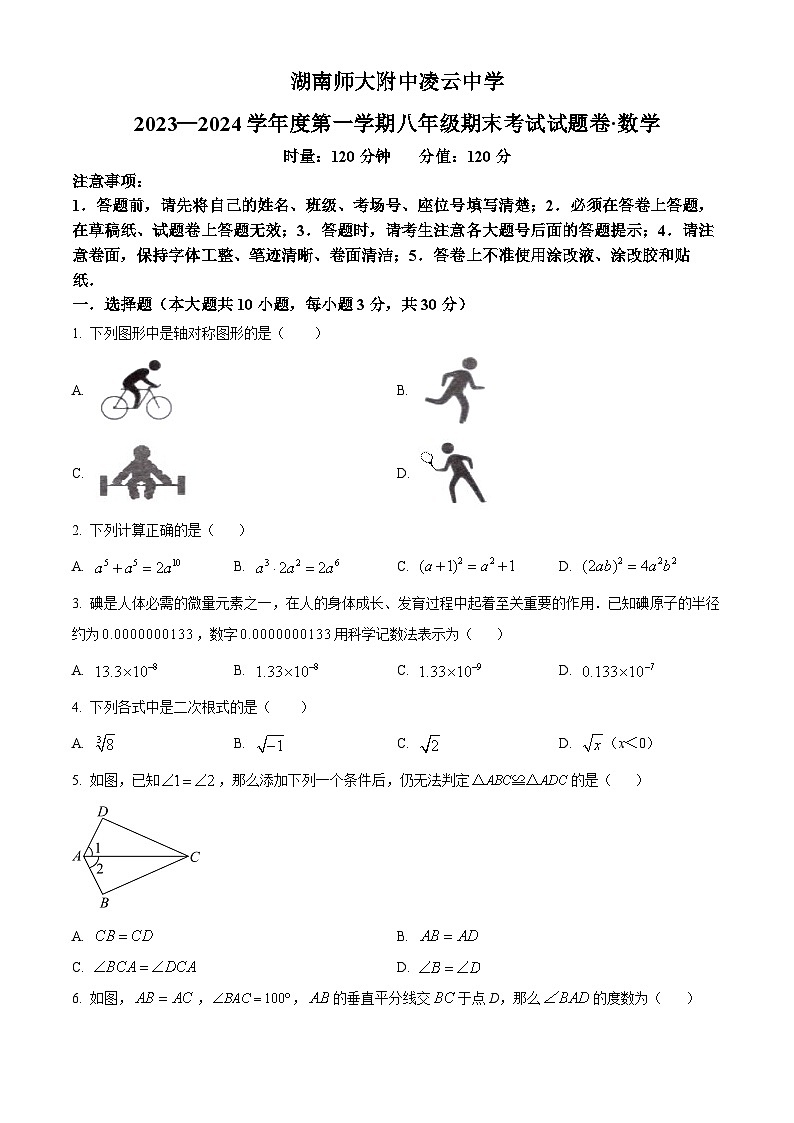 湖南省长沙市湖南师大附中凌云中学2023-2024学年八年级上学期期末数学试题（原卷+解析）01