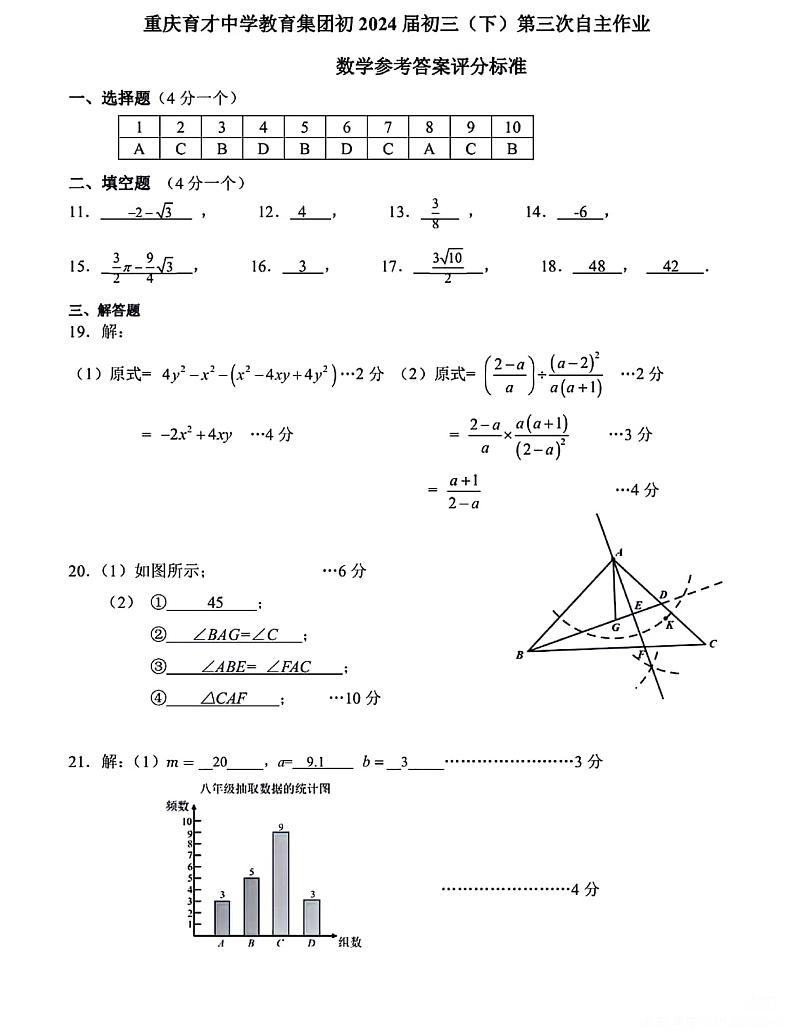 重庆育才中学教育集团初2024届初三下学期入学数学自主作业答案第1页