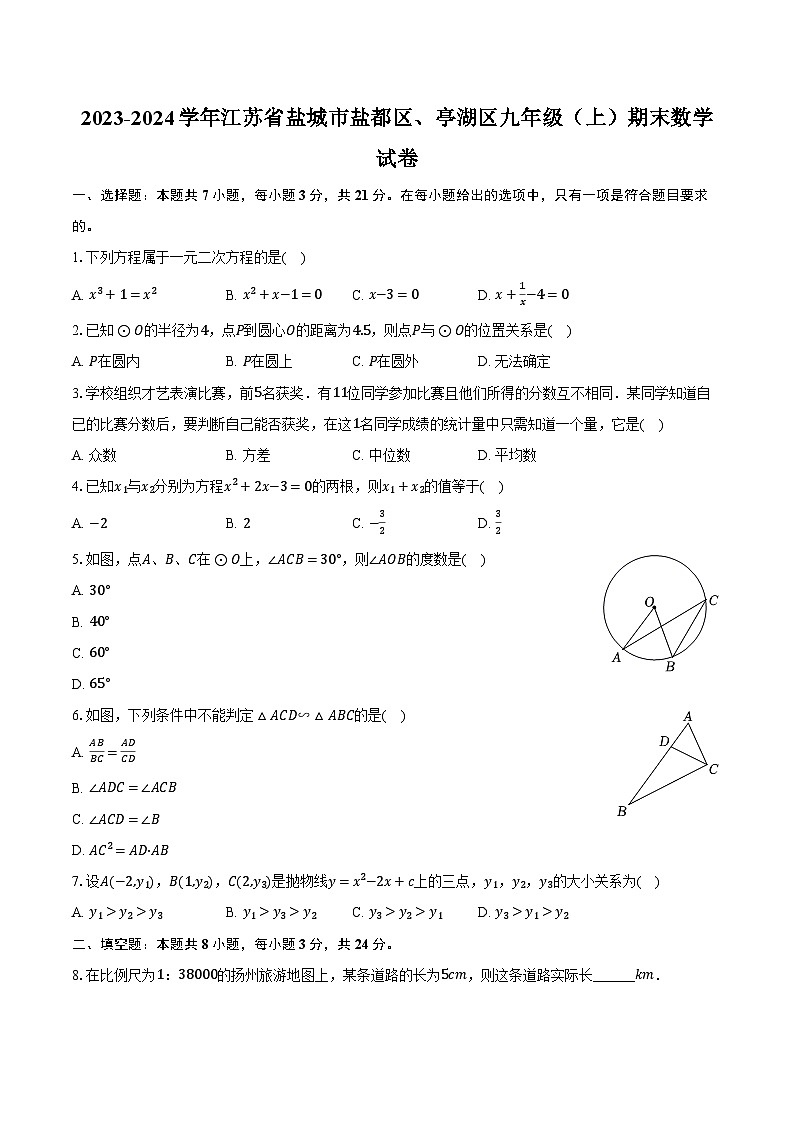 +江苏省盐城市盐都区、亭湖区2023-2024学年九年级上学期期末数学试卷+第1页