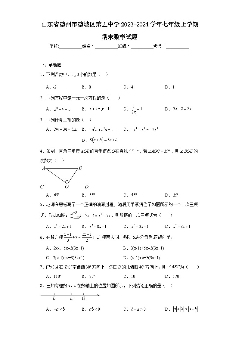山东省德州市德城区第五中学2023-2024学年七年级上学期期末数学试题01