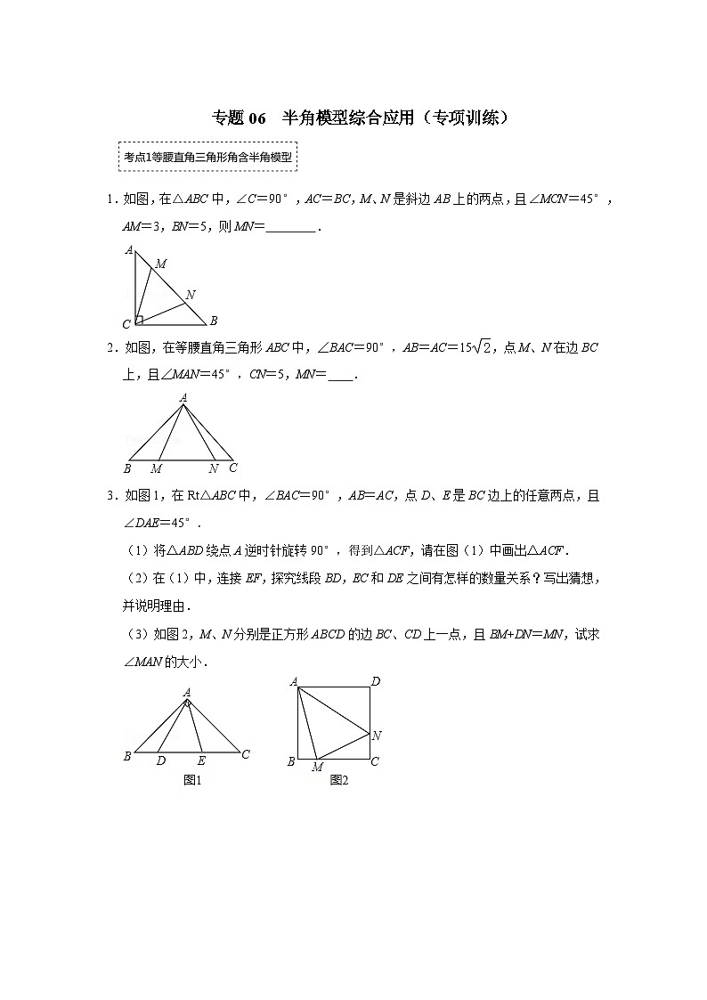 2024年中考数学专题训练 专题06 半角模型综合应用（专项训练）（原卷版+解析）第1页