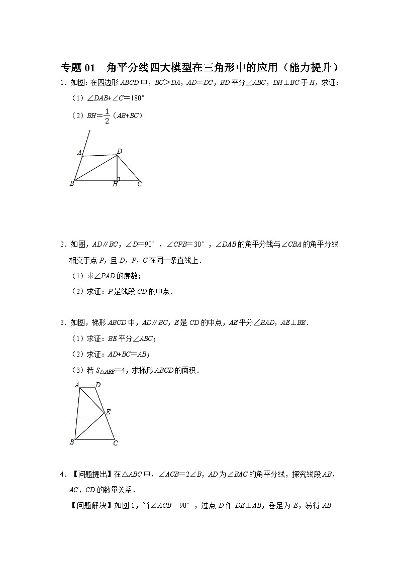 2024年中考数学专题训练 专题01  角平分线四大模型在三角形中的应用（能力提升）（原卷版+解析）第1页