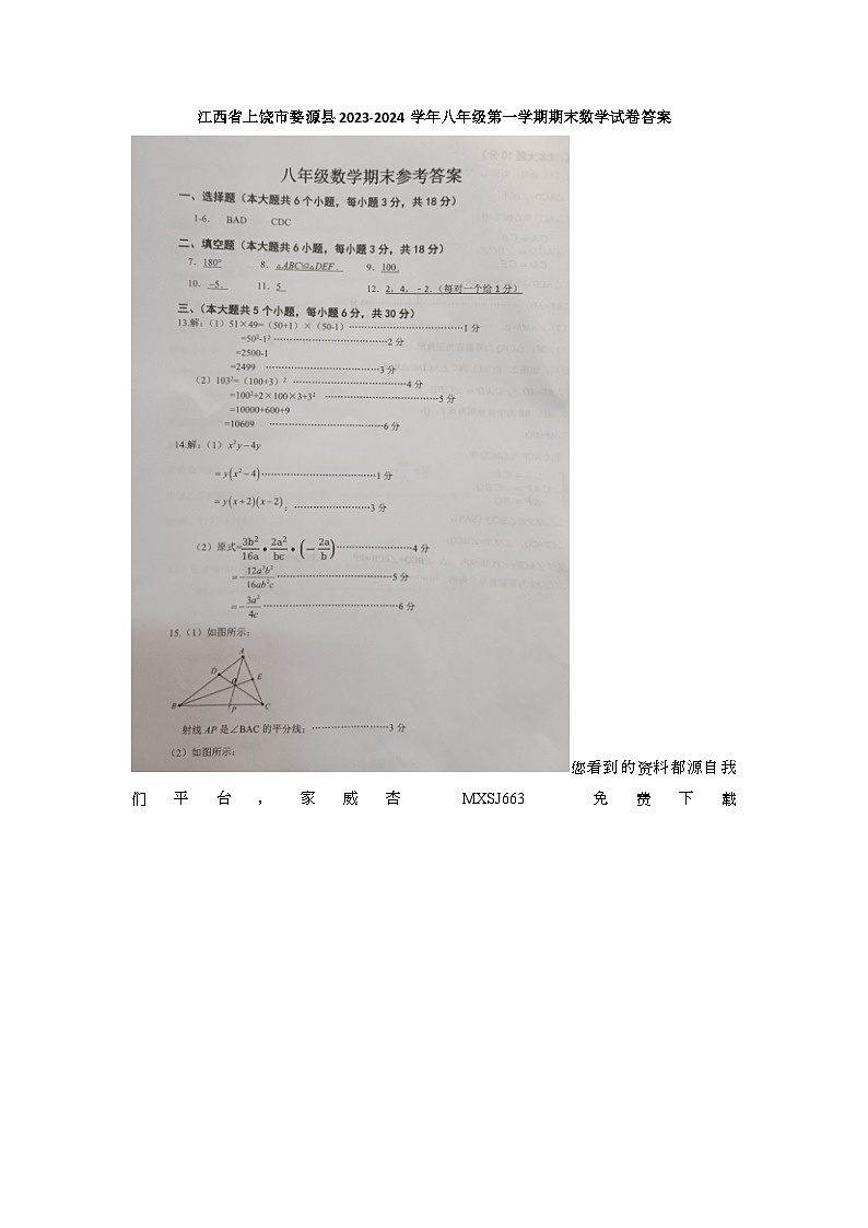 56，江西省上饶市婺源县2023-2024学年八年级上学期期末数学试卷(1)01