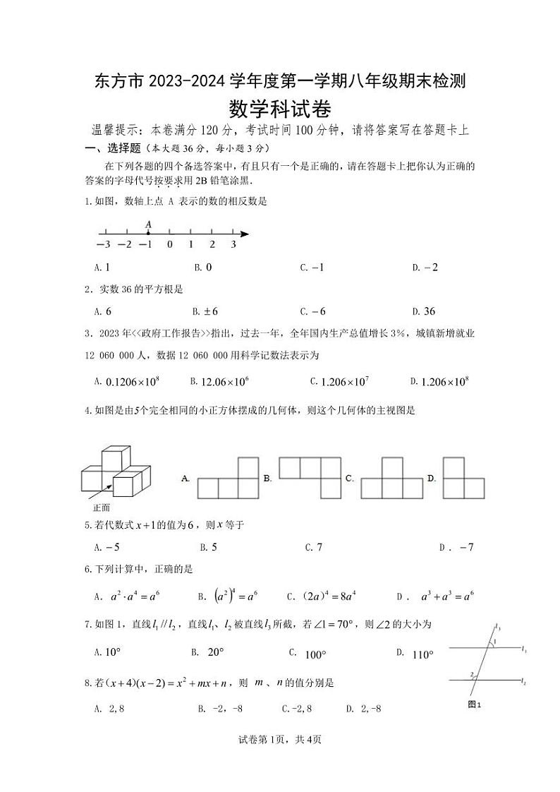 02，海南省东方市 2023-2024 学年上学期八年级期末检测 数学科试卷第1页