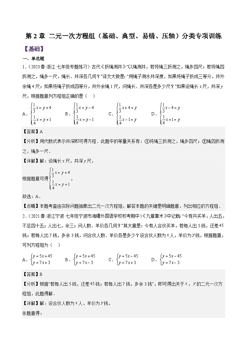 第2章 二元一次方程组（基础、典型、易错、压轴）分类专项训练（解析版）第1页