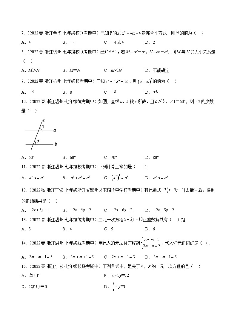 浙江七年级下期中真题精选（基础60题专练）-【满分全攻略】2022-2023学年七年级数学下学期核心考点+重难点讲练与测试（浙教版）02