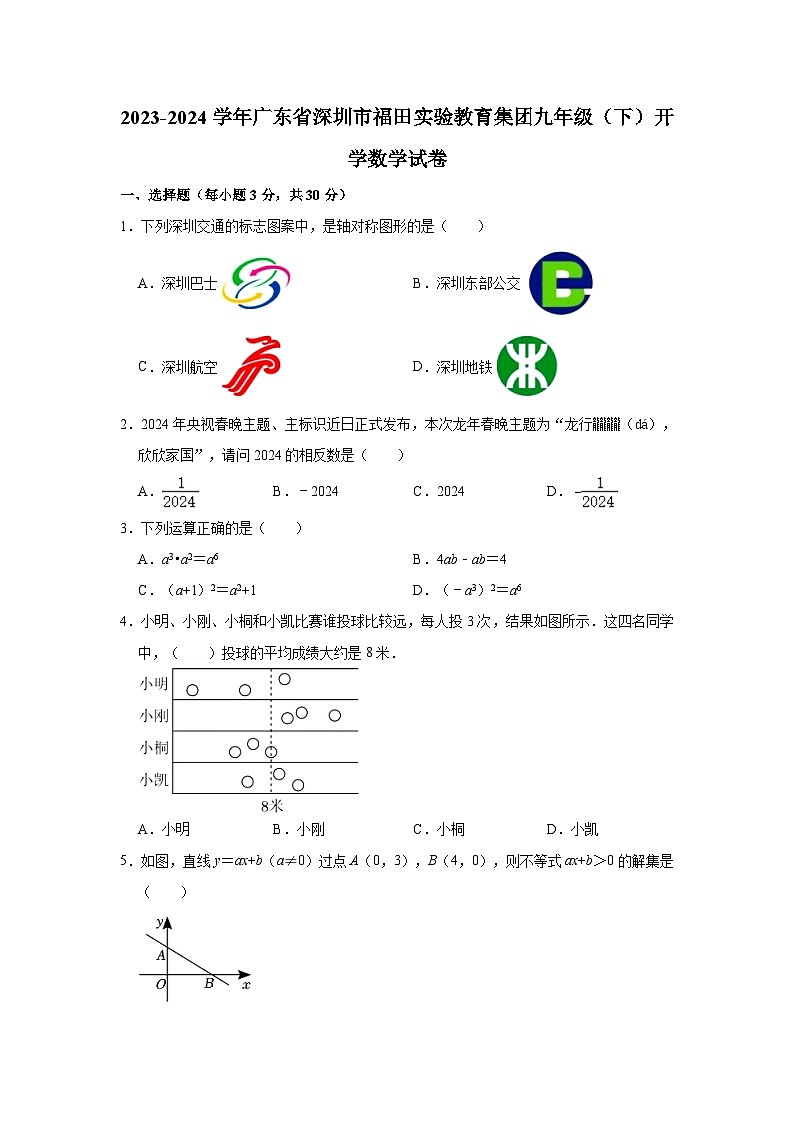 2023-2024学年广东省深圳市福田实验教育集团九年级（下）开学数学试卷（含解析）第1页