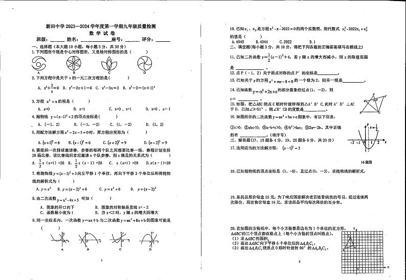 广东省汕尾市陆河县新田中学2023-2024学年上学期九年级期中数学试题01