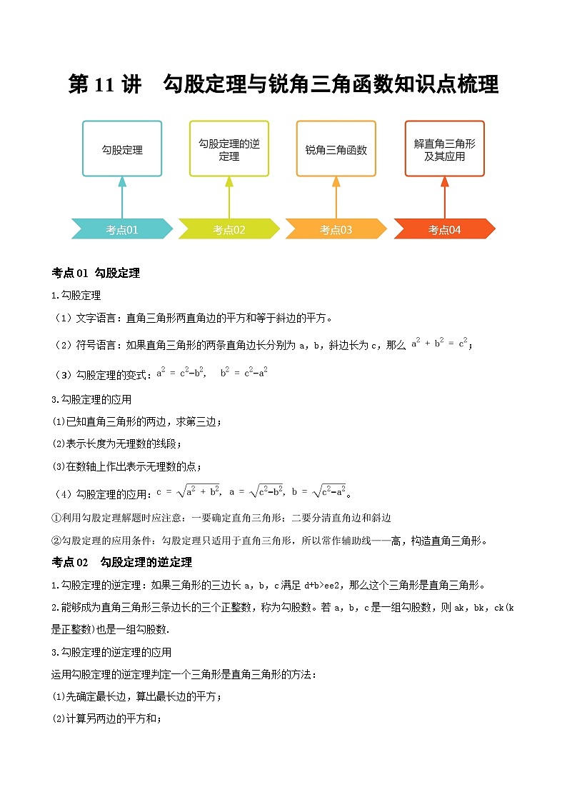 第11讲  勾股定理与锐角三角函数（知识点梳理）（记诵版）-【学霸计划】2024年中考数学大复习第1页
