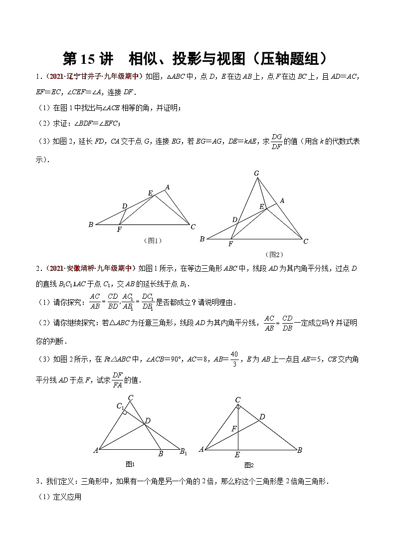 第15讲 相似、投影与视图（压轴题组）（原卷版）-2022年中考数学大复习（知识点·易错点·题型训练·压轴题组）第1页