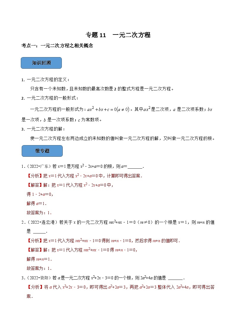 专题11 一元二次方程篇-备考2024年中考数学考点总结+题型专训（全国通用）01