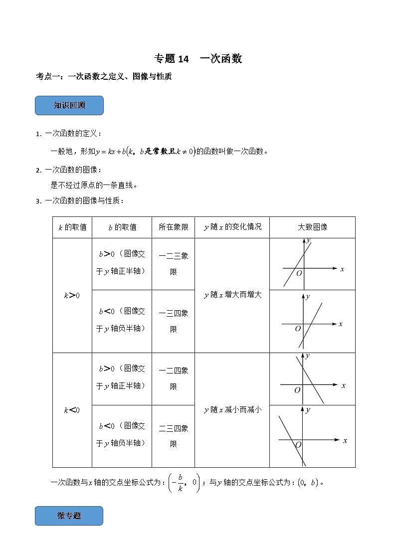 专题14 一次函数篇-备考2024年中考数学考点总结+题型专训（全国通用）01