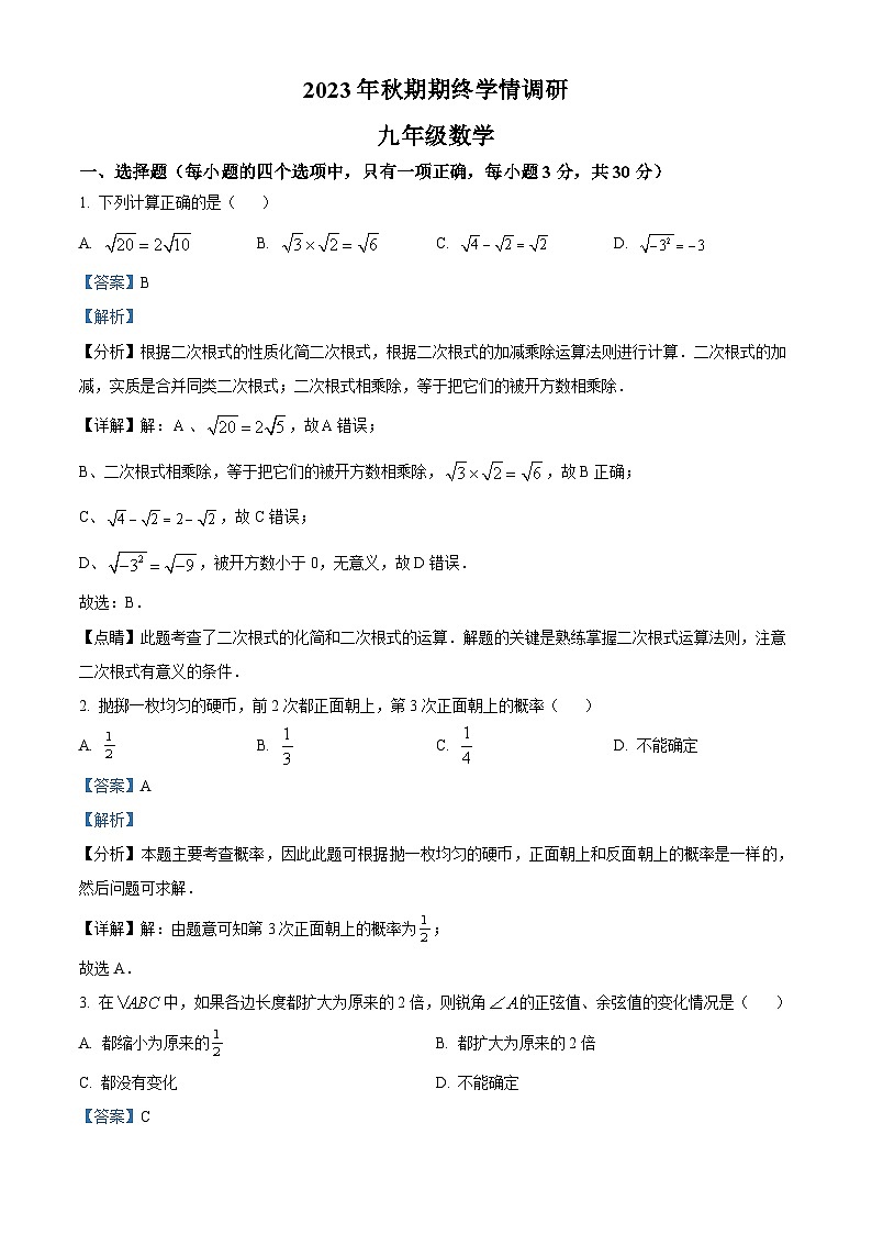 河南省南阳市桐柏县2023-2024学年九年级上学期期末数学试题（原卷版+解析版）01