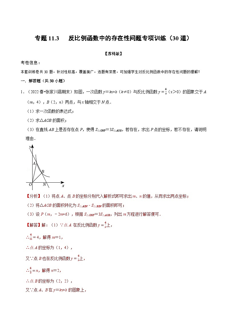 专题11.3 反比例函数中的存在性问题专项训练（30道）-2022-2023学年八年级数学下册举一反三系列（苏科版）01