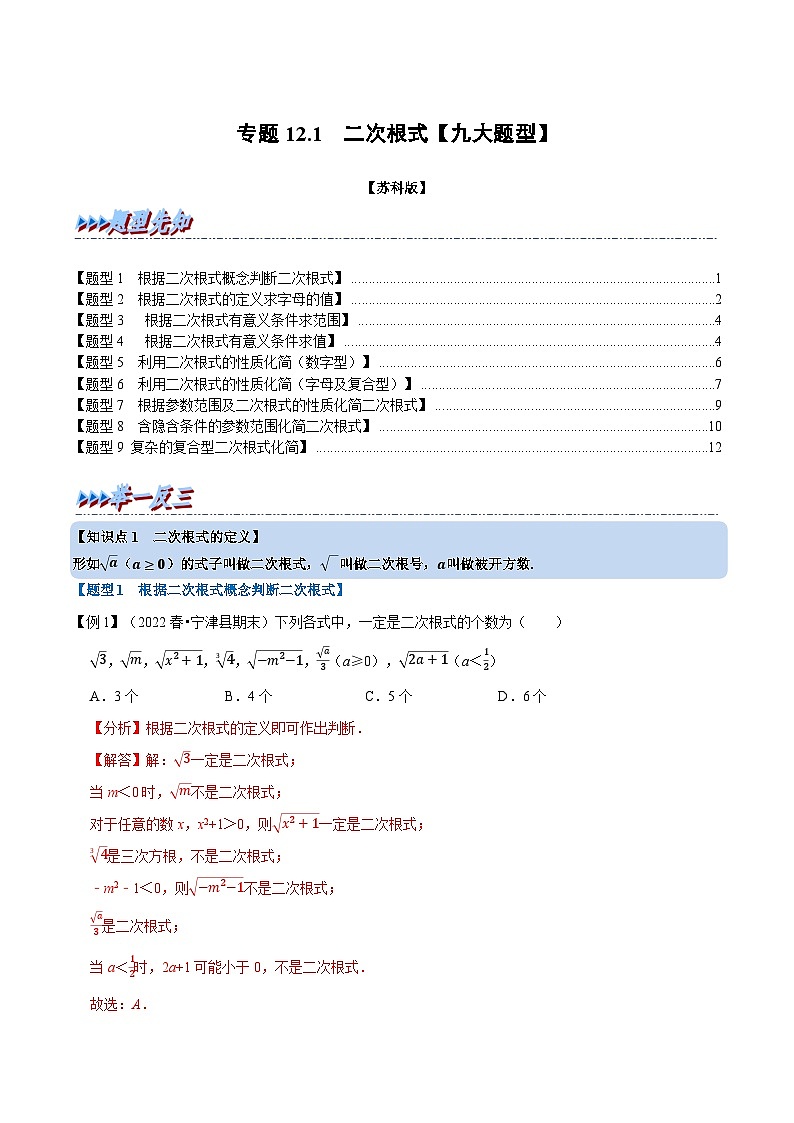 专题12.1 二次根式【九大题型】（举一反三）（苏科版）（解析版）第1页