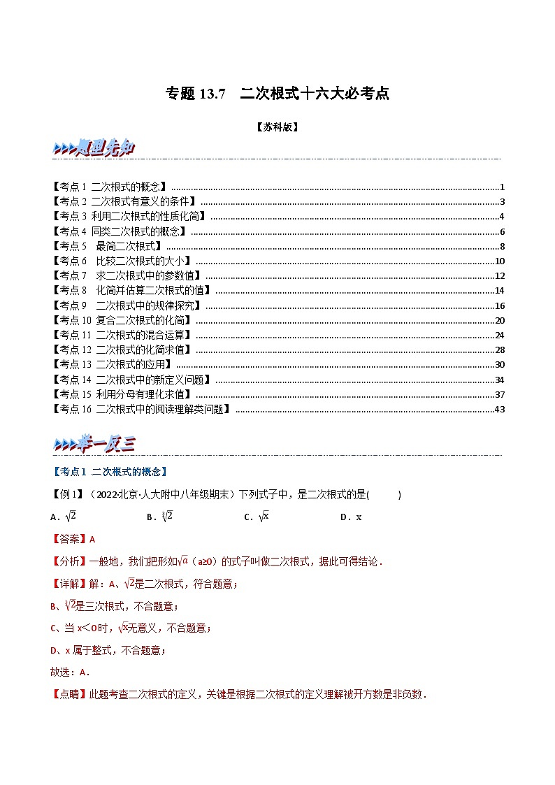 专题13.7 期末专项复习之二次根式十六大必考点-2022-2023学年八年级数学下册举一反三系列（苏科版）01