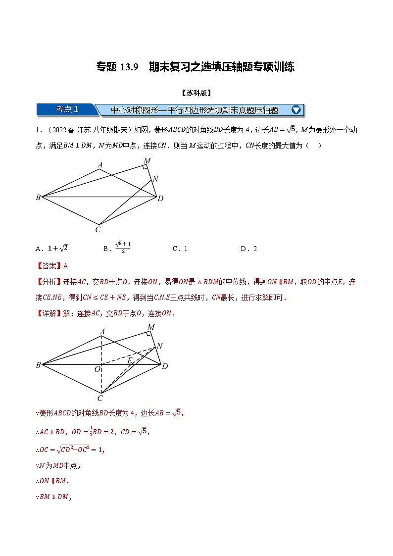 专题13.9 期末复习之选填压轴题专项训练（苏科版）（解析版）第1页
