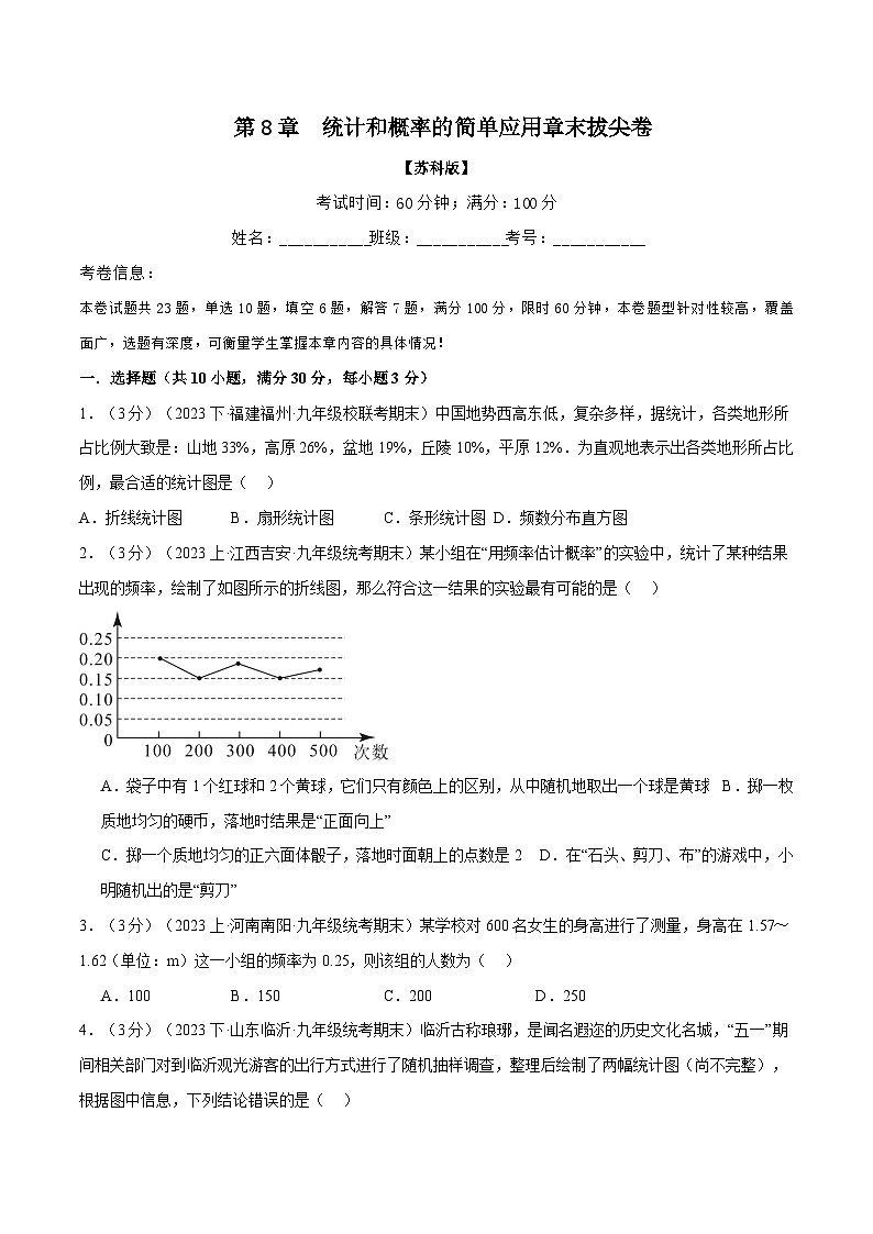 专题8.2 统计和概率的简单应用章末拔尖卷-2023-2024学年九年级数学下册举一反三系列（苏科版）01