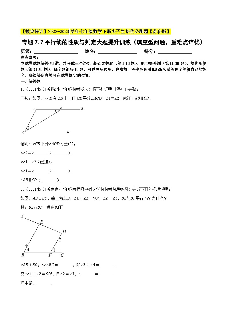 专题7.7平行线的性质与判定大题提升训练（填空型问题，重难点培优30题）-【拔尖特训】2022-2023学年七年级数学下册尖子生培优必刷题【苏科版】01