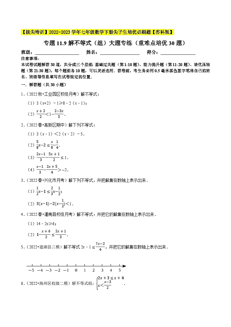 专题11.9解不等式（组）大题专练（重难点培优30题，七下苏科）-【拔尖特训】2022-2023学年七年级数学下册尖子生培优必刷题【苏科版】01