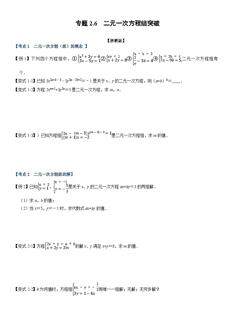 专题2.6 二元一次方程组章末重难点突破（举一反三）（学生版） 2022年七年级数学下册举一反三系列（浙教版）第1页