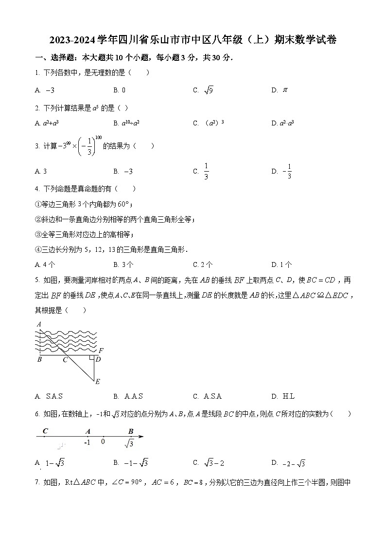 精品解析：四川省乐山市市中区2023-2024学年八年级上学期期末数学试题（原卷版）第1页