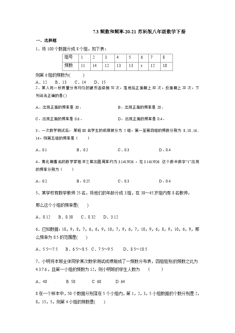 7.3 频数和频率 苏科版八年级数学下册提升训练01