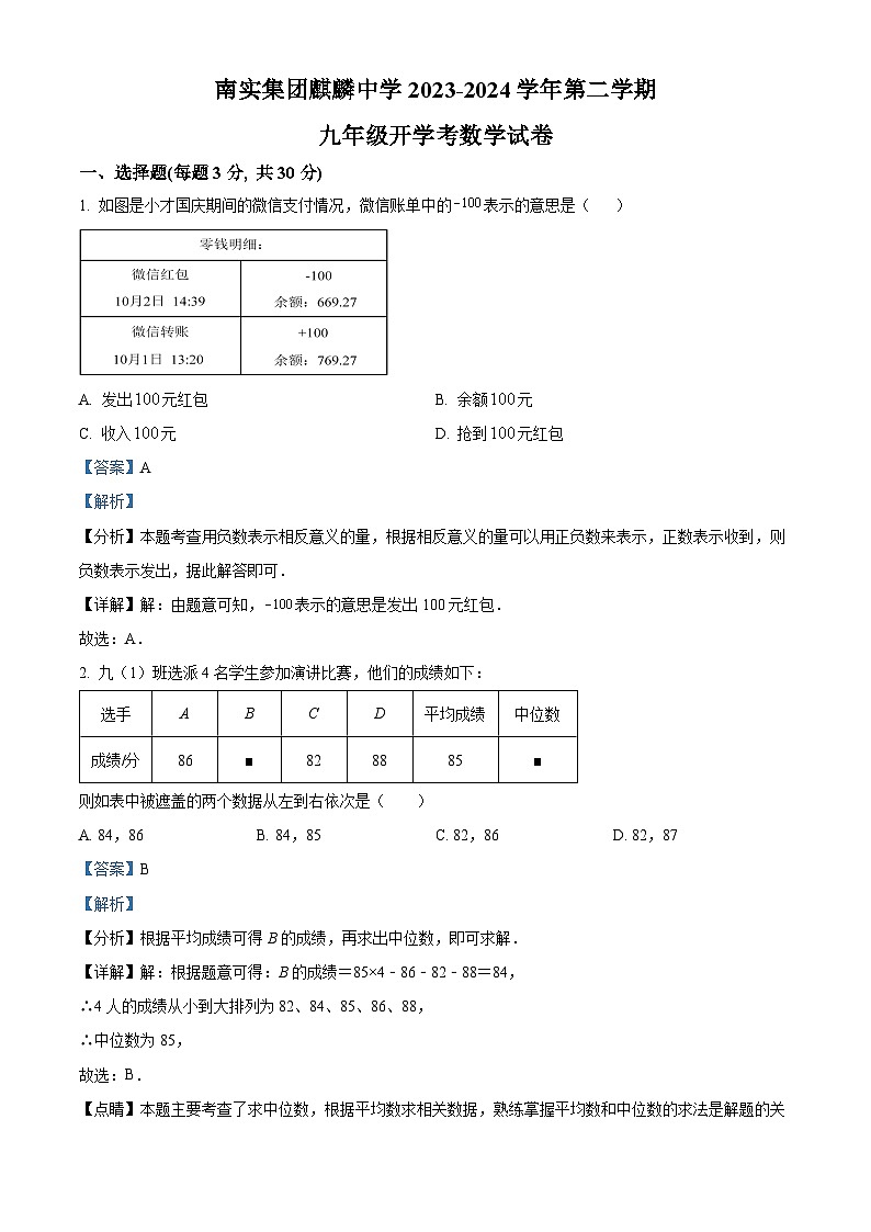 广东省深圳市南山实验教育集团麒麟中学2023-2024学年九年级下学期开学考数学试题第1页