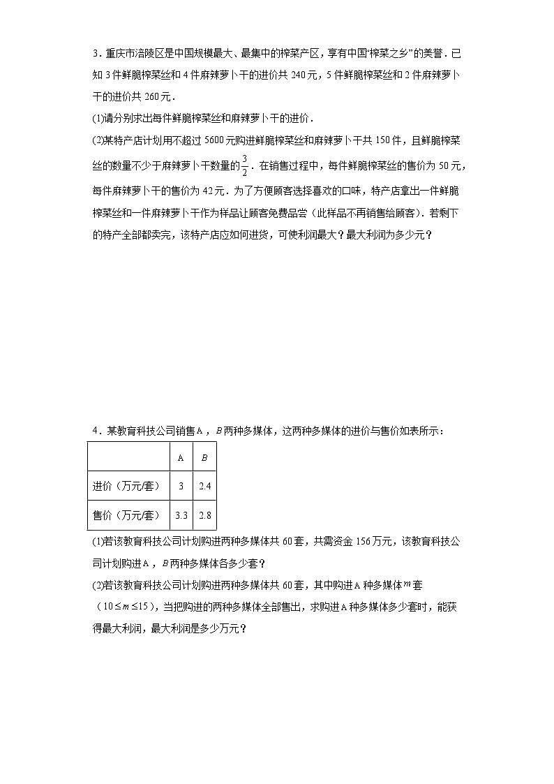 2024年九年级中考数学专题复习：一次函数与最大利润有关的问题（含答案）第2页