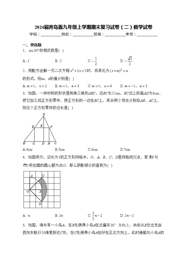 2024届青岛版九年级上学期期末复习试卷（二）数学试卷(含答案)01