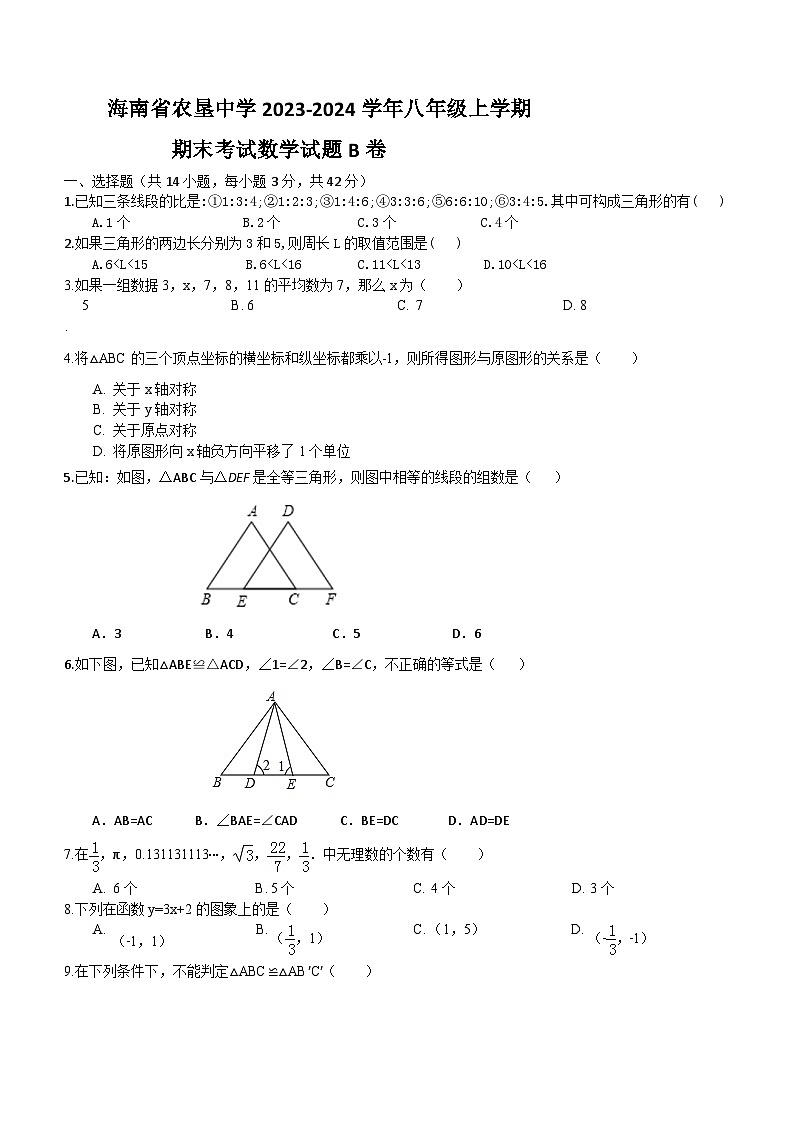 海南省海口市龙华区农垦中学2023-2024学年八年级上学期期末考试数学试题B卷(含答案)01