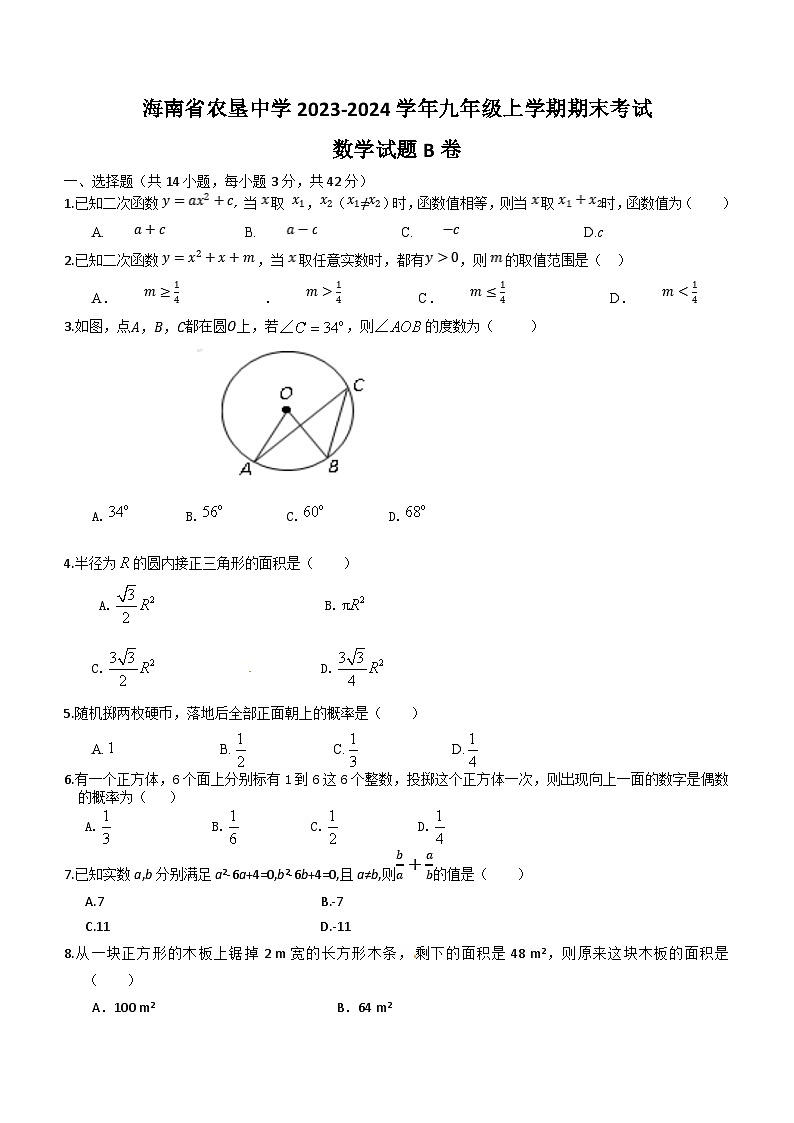 海南省海口市农垦中学2023-2024学年九年级上学期期末考试数学试题（B卷）（含答案）01