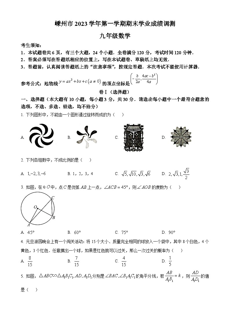 浙江省绍兴市嵊州市2023-2024学年九年级上学期期末数学试题（原卷版+解析版）01