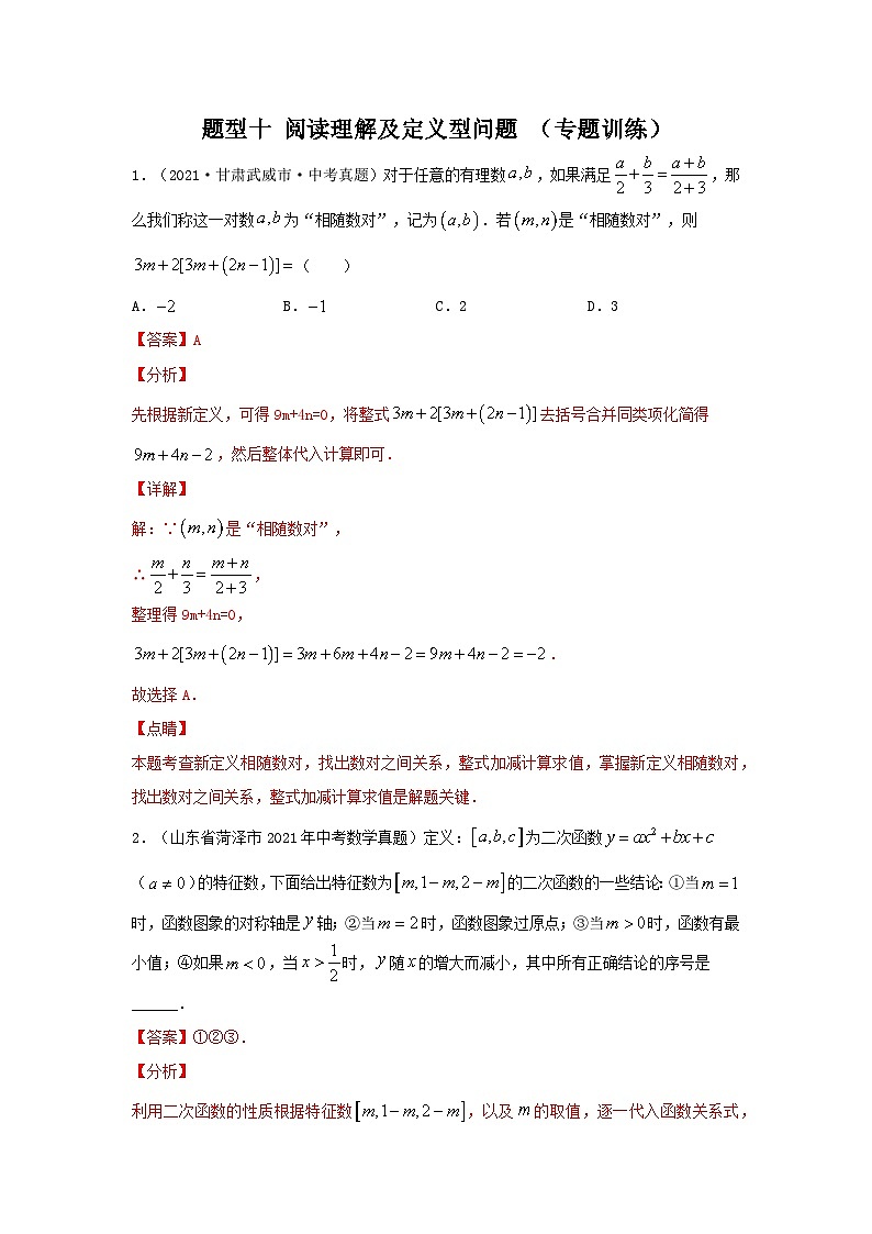 题型十 阅读理解及定义型问题 （专题训练）-备战2024年中考数学二轮复习高分突破（全国通用）01