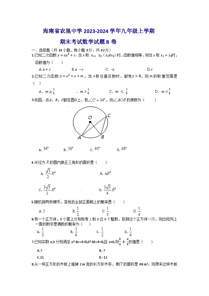 233，海南省农垦中学2023—2024学年九年级上学期期末考试数学试题B卷第1页
