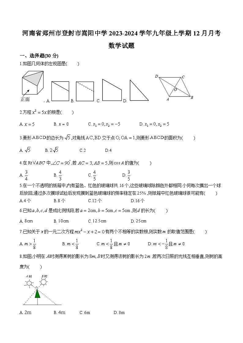 338，河南省郑州市登封市嵩阳中学2023-2024学年九年级上学期12月月考数学试题()第1页