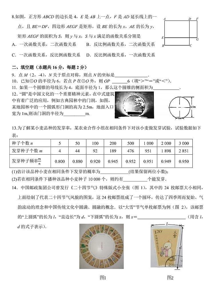 12，北京市汇文教育集团垂杨柳学校2023—2024学年下学期九年级开学考数学试卷02
