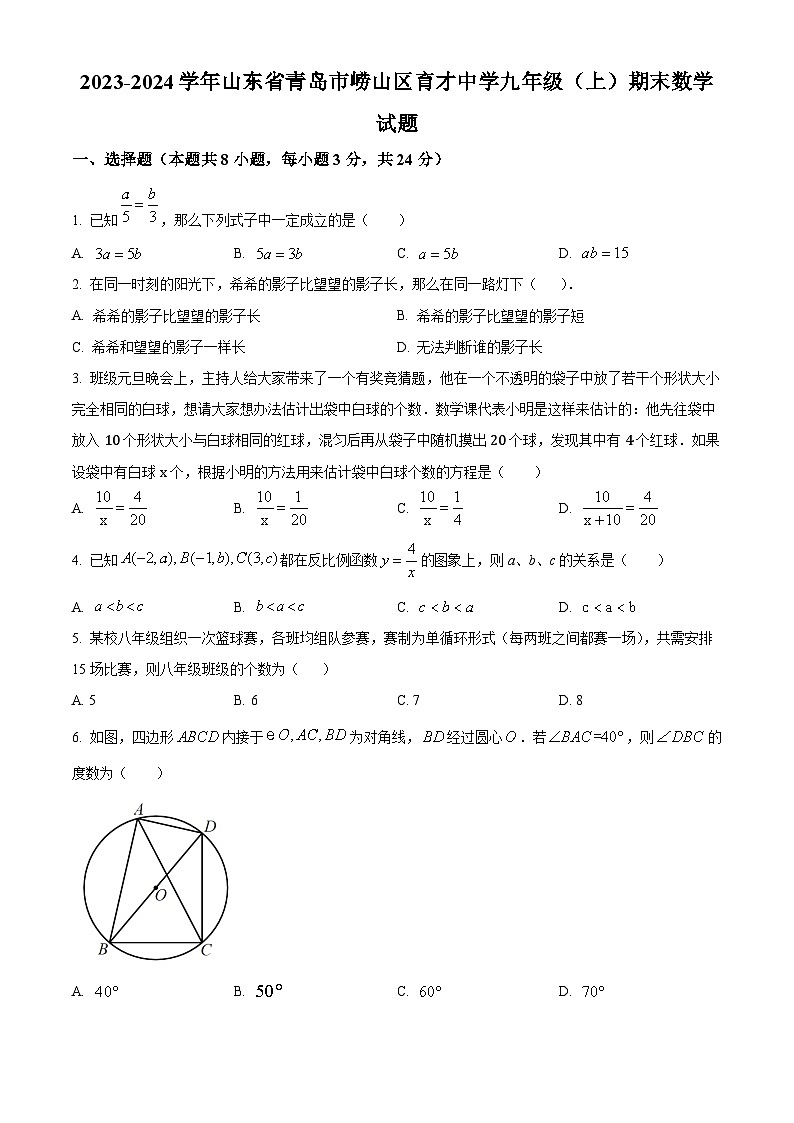 山东省青岛市崂山区崂山区育才学校2023-2024学年九年级上学期期末数学试题（原卷版+解析版）01