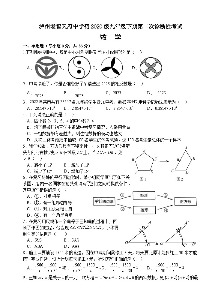 2023年四川省泸州市泸州老窖天府中学+九年级中考模拟考试数学试题（二）01