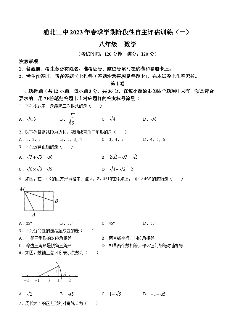 广西壮族自治区钦州市浦北县第三中学2022-2023学年八年级下学期3月月考数学试题第1页