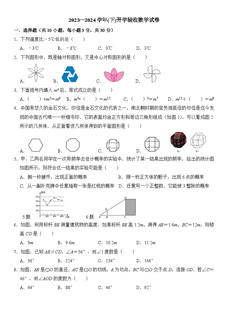 辽宁省锦州市2023-2024学年下学期九年级开学验收数学试卷01