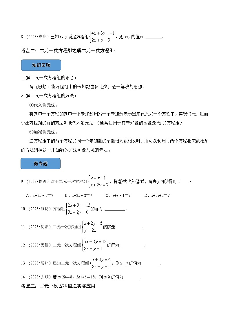 2024年中考数学必考考点总结+题型专训（全国通用）专题09 —二元一次方程组篇（原卷版+解析）第2页