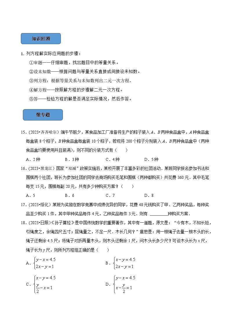 2024年中考数学必考考点总结+题型专训（全国通用）专题09 —二元一次方程组篇（原卷版+解析）第3页