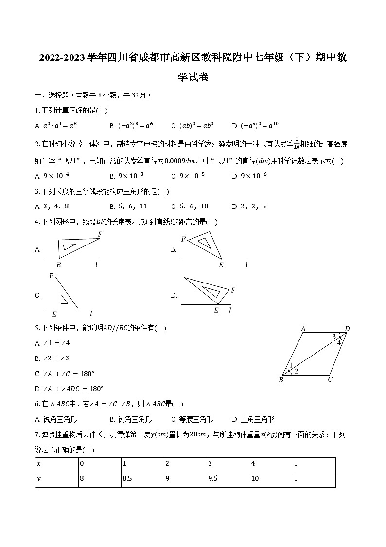 2022-2023学年四川省成都市高新区教科院附中七年级（下）期中数学试卷（含解析）第1页