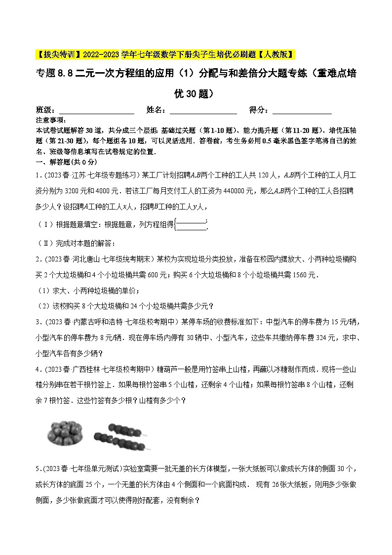 人教版七年级数学下册尖子生培优题典  专题8.8二元一次方程组的应用（1）分配与和差倍分大题专练（重难点培优30题）（原卷版+解析）01