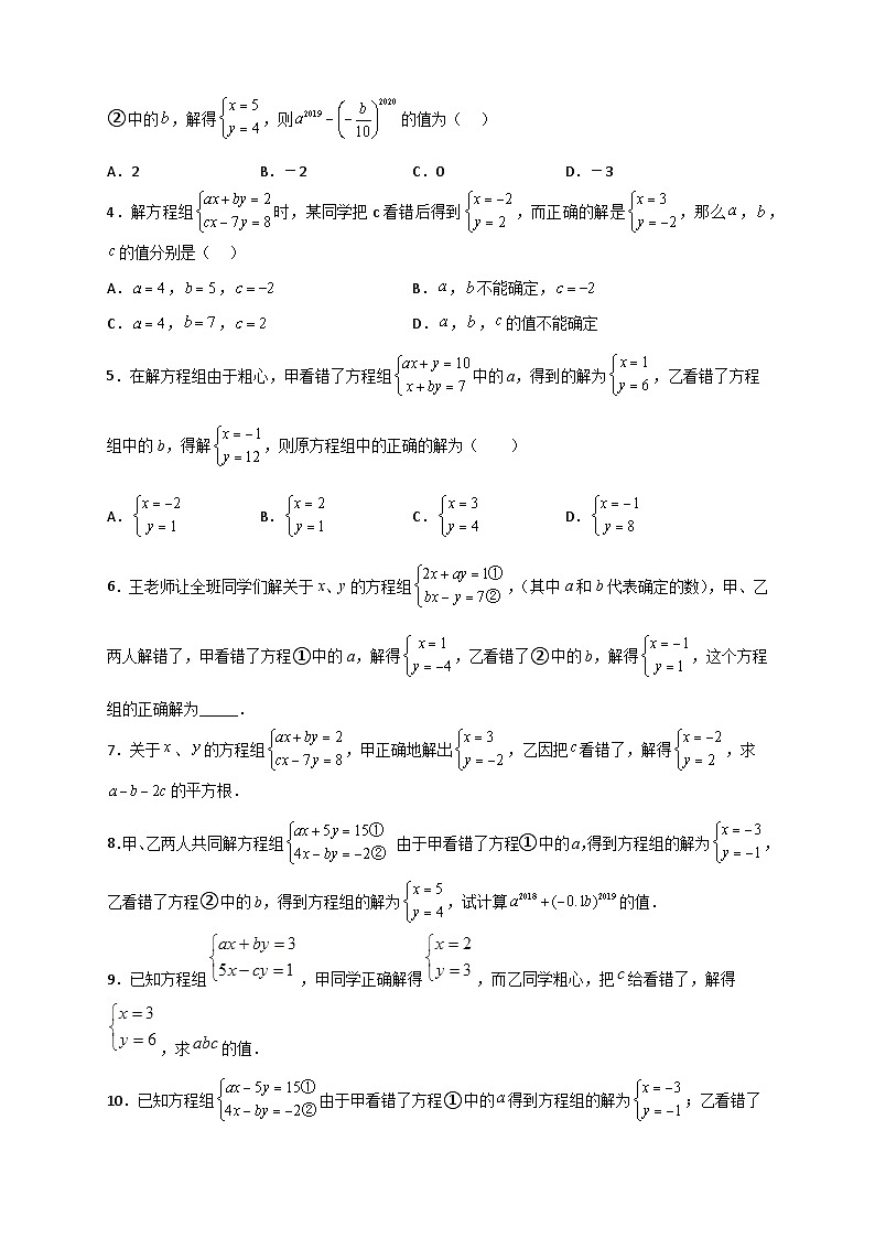 人教版七年级数学下册常考点微专题提分精练 专题20 二元一次方程组的错解复原问题（原卷版+解析）第2页